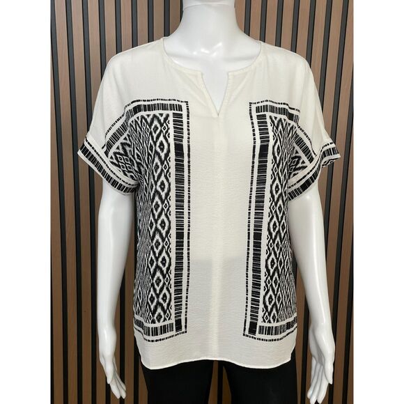 Chico's Women's Blouse Blurred Knit Crepe Split Neck Popover 0 White Geometric - Picture 1 of 10